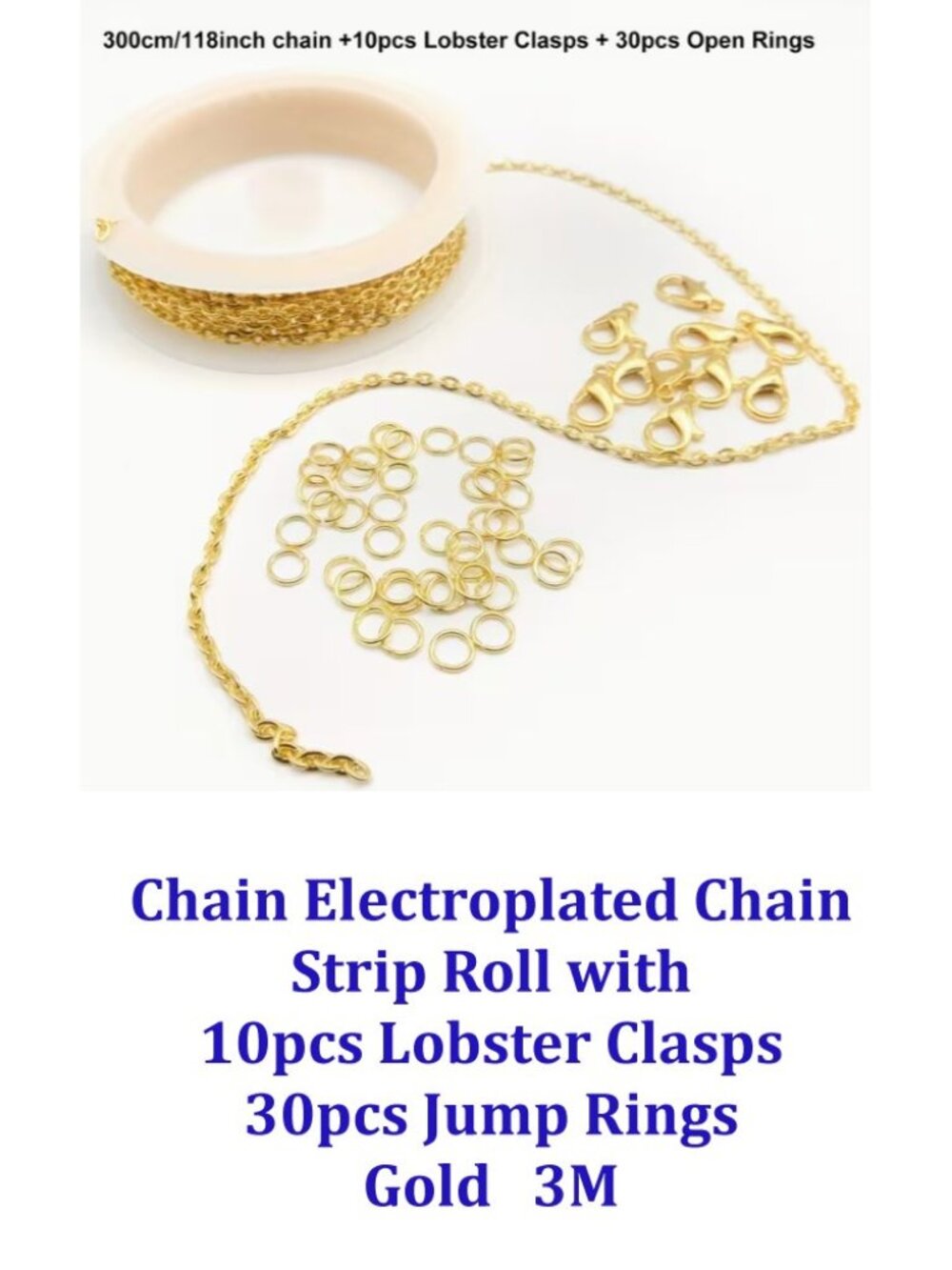 Electroplated Chain Roll w/ 10pcs Lobster Clasps 30pcs Jump Rings  3m Gold